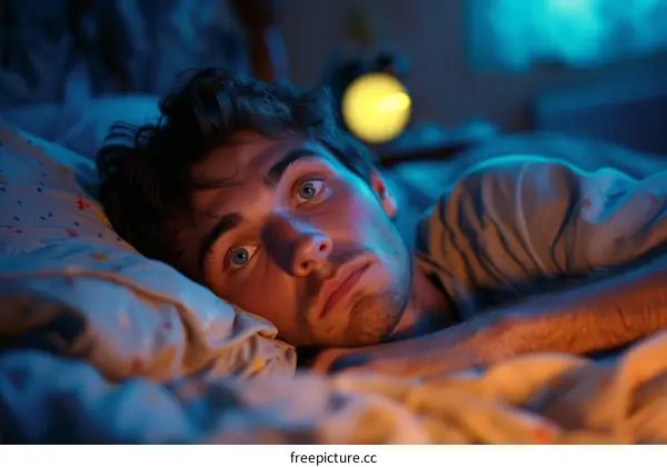 Man lying in bed looking stressed