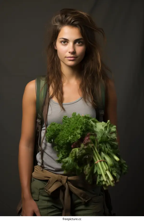 Portrait of a young woman holding a bunch of fresh vegetables