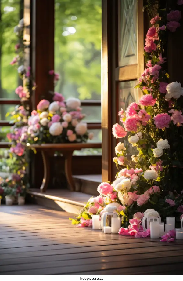 Pink and white flowers arranged beautifully on a wooden floor
