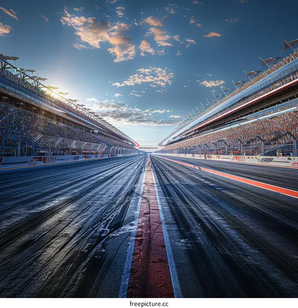 A long and empty racetrack with a clear blue sky