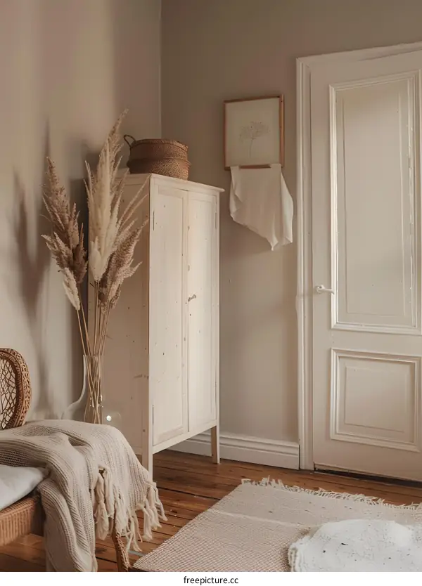 White Cabinet With Dried Flowers In A Room With Wooden Floor