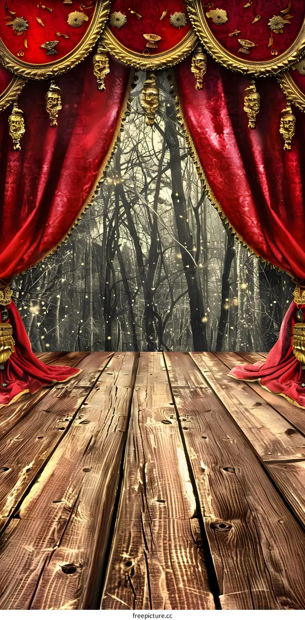 Red Velvet Curtains Stage Backdrop With Winter Forest