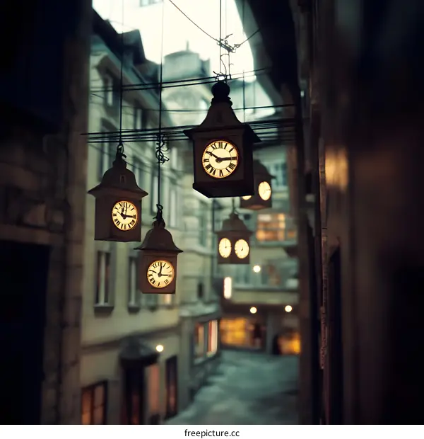 Vintage Clocks Hanging in an Old European City