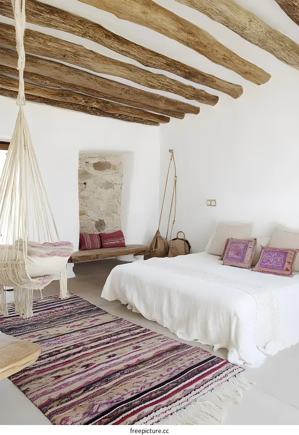White Minimalist Bedroom Interior With Wooden Beams and Hanging Chair