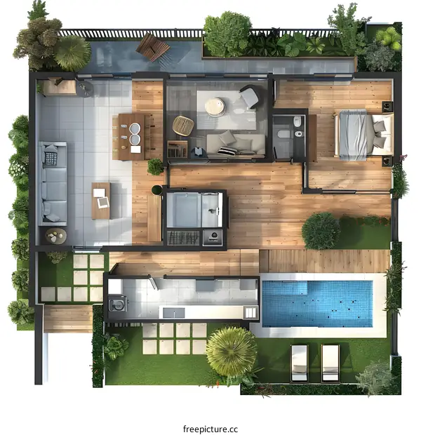 Modern house plan with pool