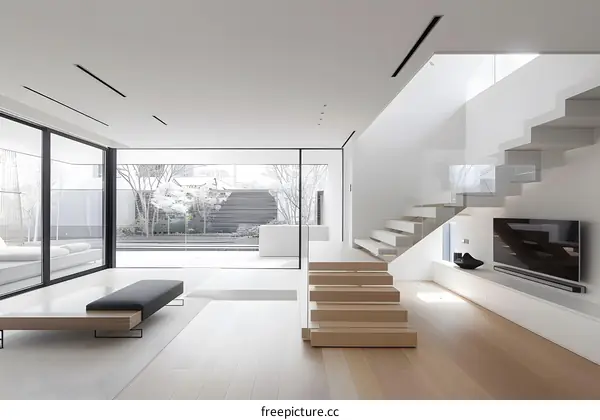 Modern Minimalist Interior Design with Wooden Stairs and Glass Railing