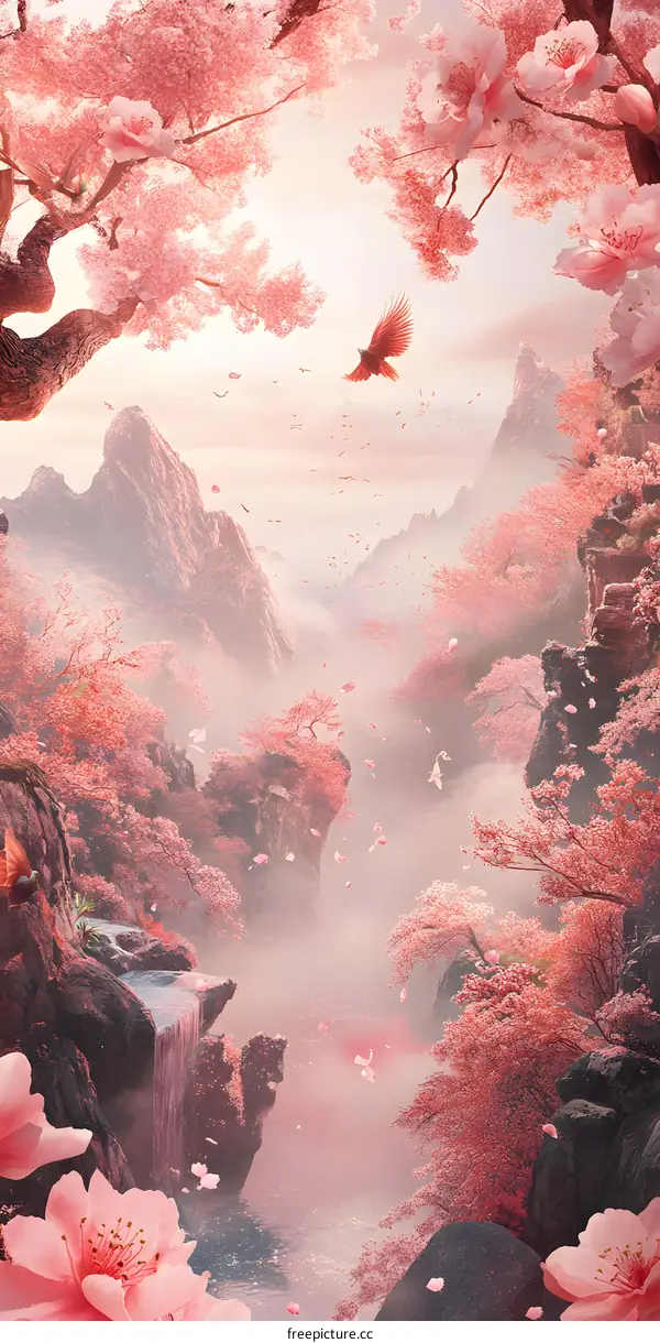 Fantasy Landscape with Pink Cherry Blossoms and Waterfall