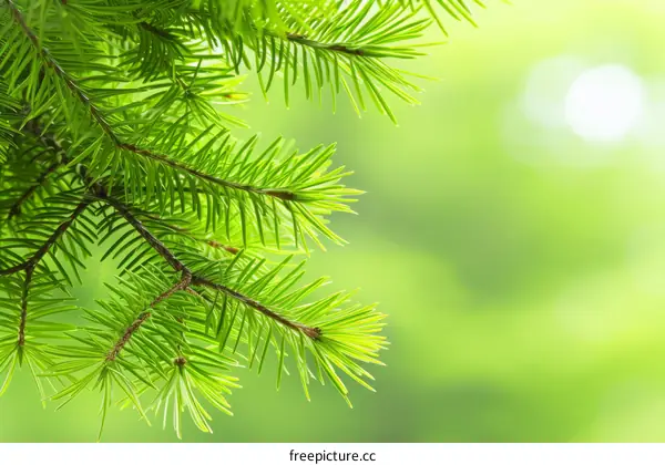 Close-up of green fir tree branches in the forest with blurred background
