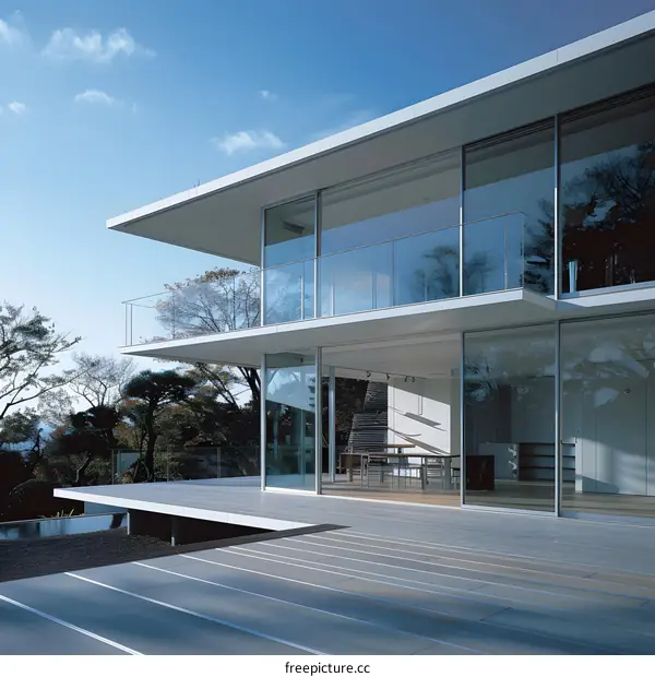 Modern Glass House with Large Windows and Deck
