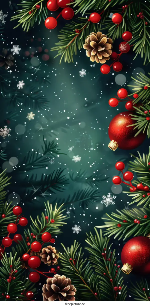 Christmas Background with Evergreen Branches and Red Berries
