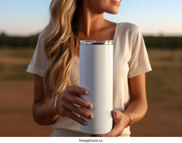 A woman holding a white tumbler
