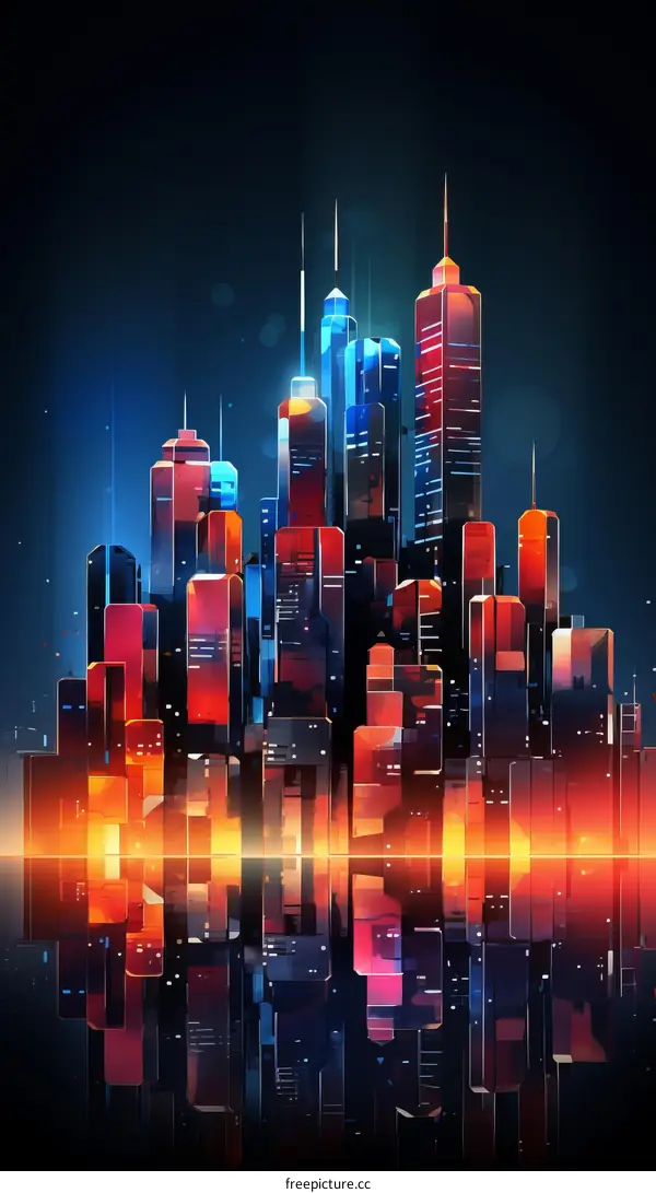 A digital painting of a futuristic city at night with skyscrapers and bright lights reflecting off the water