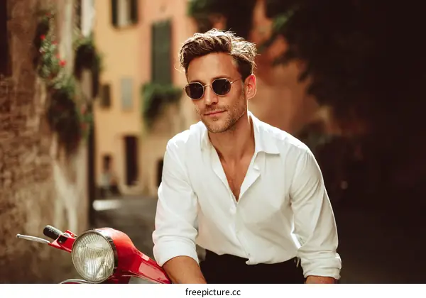 Stylish Man Leaning on Scooter in European City