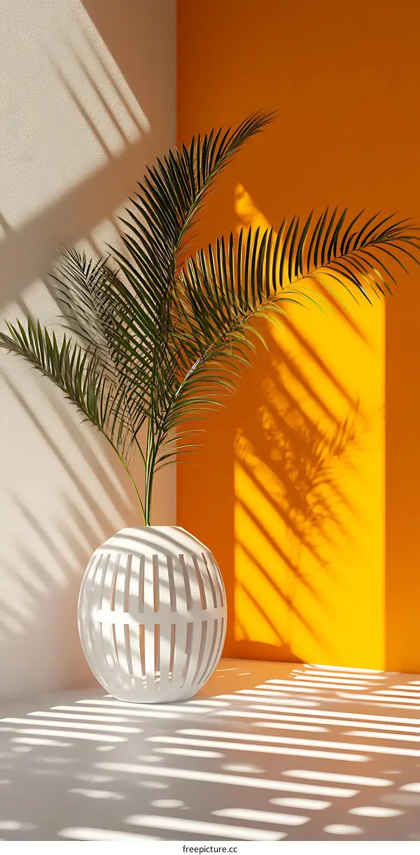 Minimalist White Pot with Green Palm Plant Against Orange and White Wall
