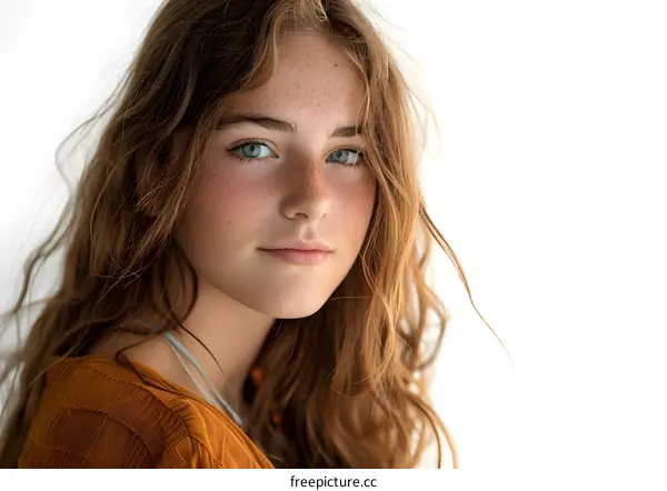 Portrait of Young Woman with Freckles and Long Wavy Hair