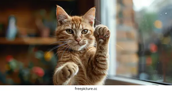 A ginger cat is sitting on a window sill and looking at the camera.