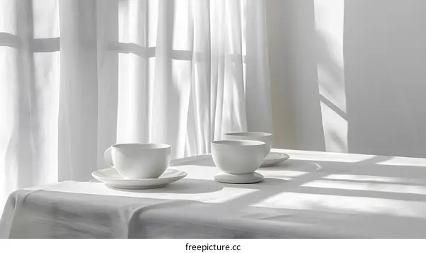 White coffee cups on a white tablecloth