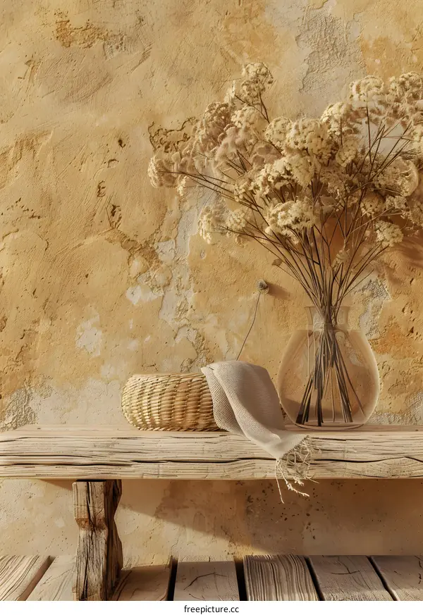 Rustic Wooden Bench With Dried Flowers In A Vase
