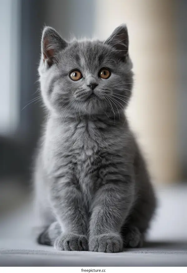 A fluffy British Shorthair kitten sitting on a white carpet