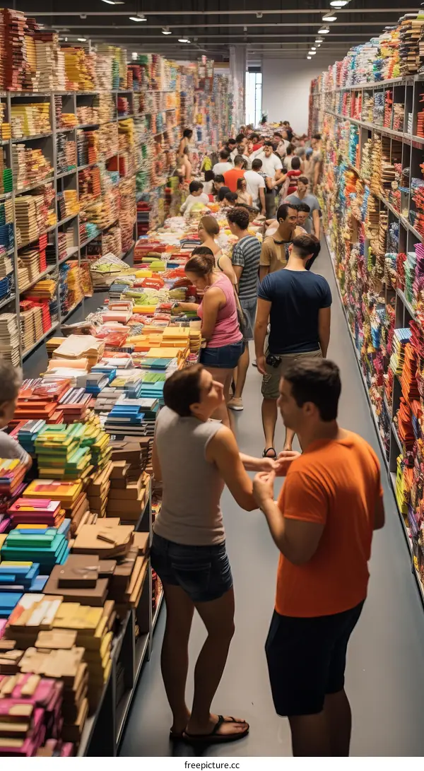 A large group of people shopping in a supermarket.