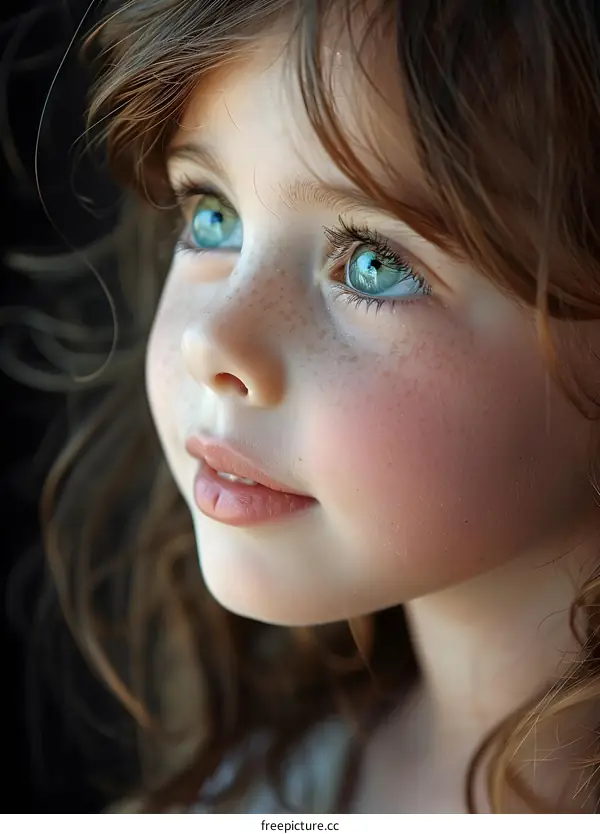 Close Up Portrait of Little Girl with Blue Eyes and Freckles