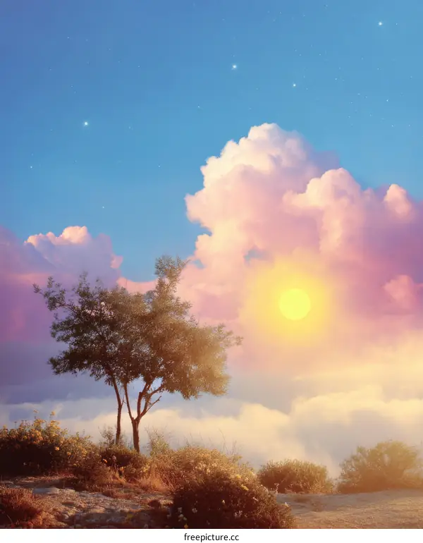 Colorful Sunrise over a Hilltop Tree