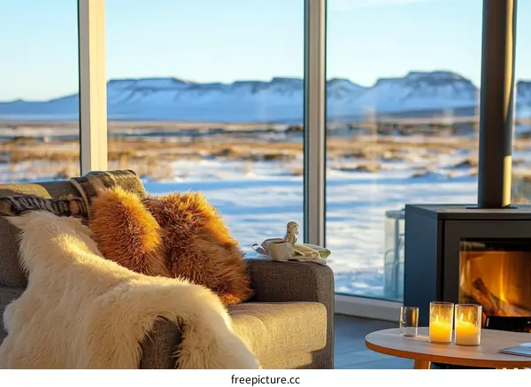 Cozy Winter Living Room with Mountain View