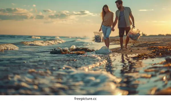 Young couple cleaning up the beach from plastic waste and garbage