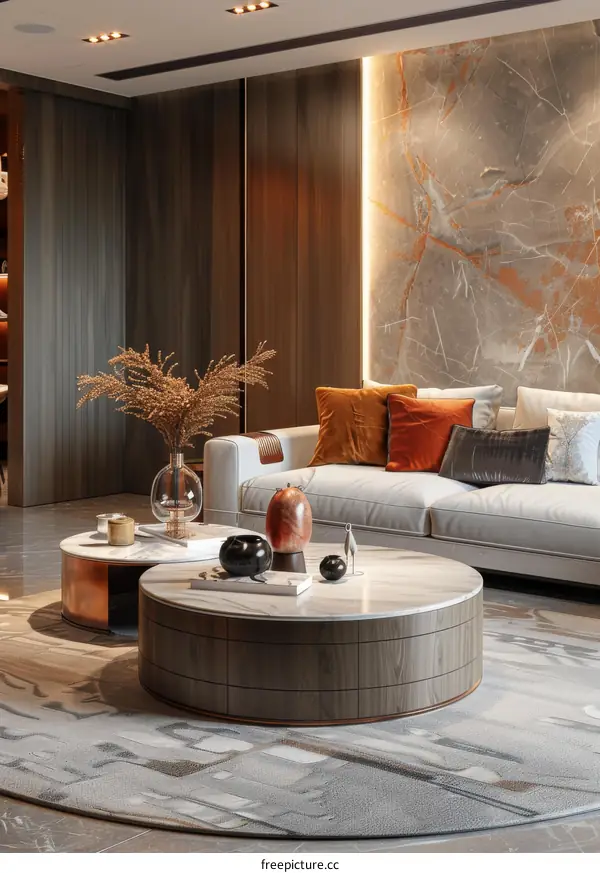 Modern Living Room Interior Design with Round Coffee Table and Marble Wall