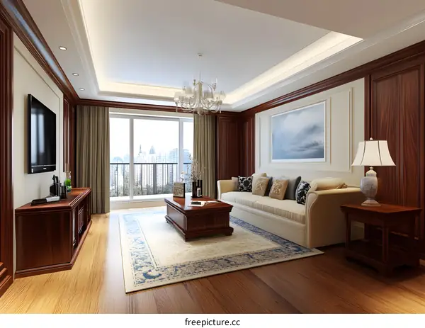 Modern Living Room Interior Design With Wooden Walls And A Beige Sofa