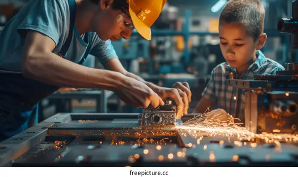 Father and son working together in a machine shop