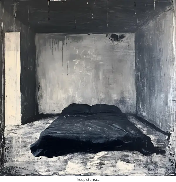Black and White Painting of a Room with a Bed