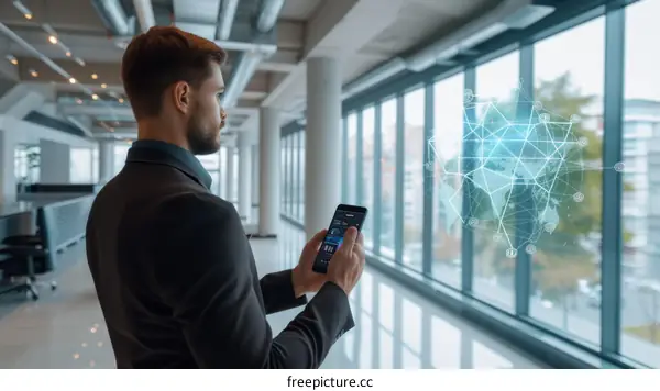 Businessman Viewing Global Network Connections on Futuristic Phone Interface