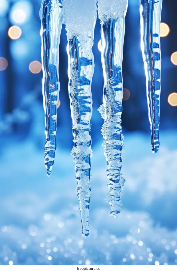 Close-up of icicles hanging from a roof eave with blurred blue background
