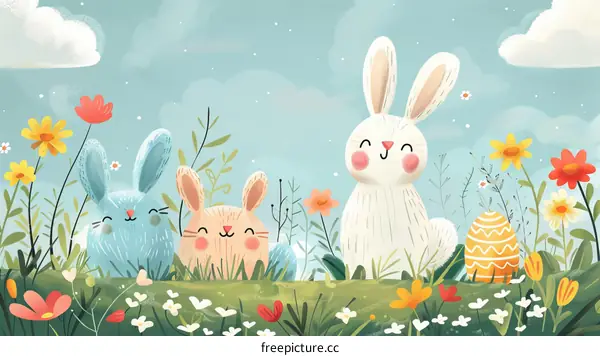 Four cute rabbits in a field of flowers
