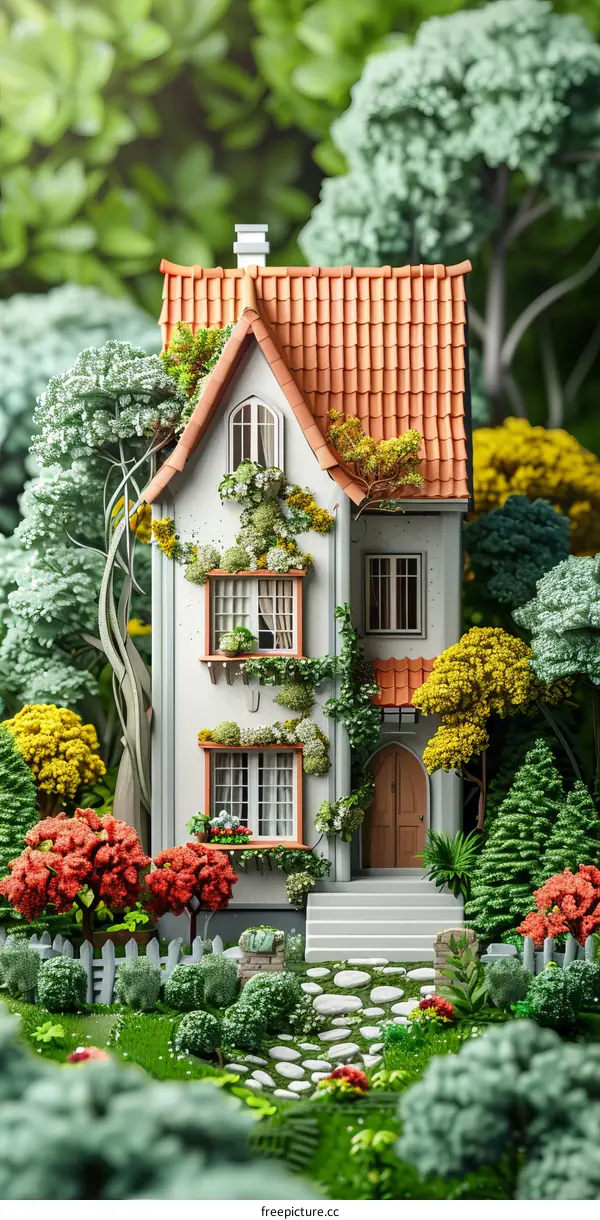 Small house in the middle of a lush green forest