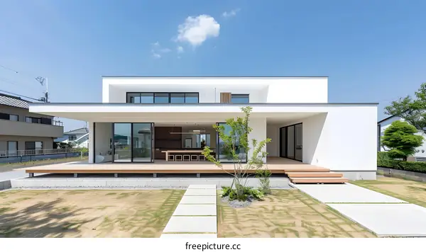 Modern White House with Wooden Deck and Lawn