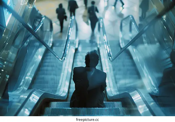 Crowded escalator with a man sitting on it