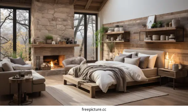 Cozy bedroom with fireplace, wood, and stone