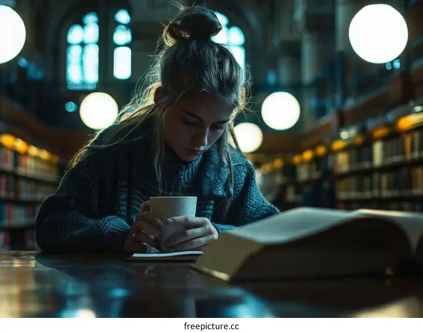 Young woman reading a book in a library
