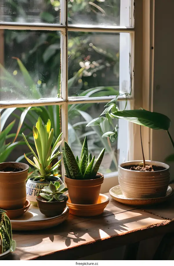Succulents In Pots On Wooden Window Sill