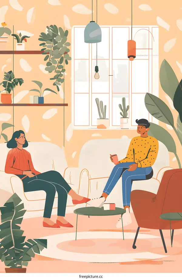 Two friends talking and drinking coffee in a living room with plants