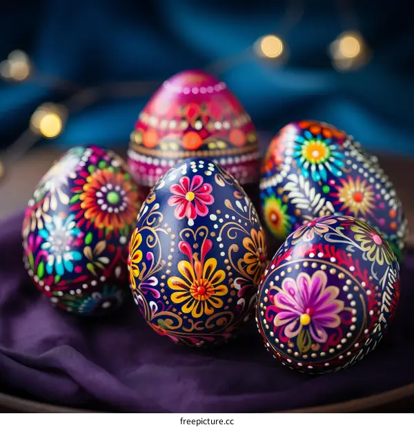 Ornately decorated Easter eggs with intricate floral patterns