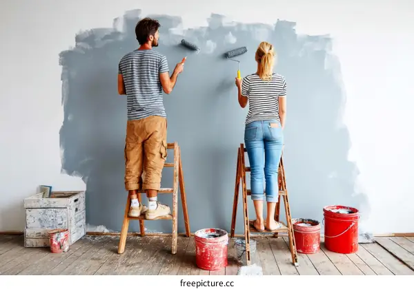 Two People Painting a Wall in a Room