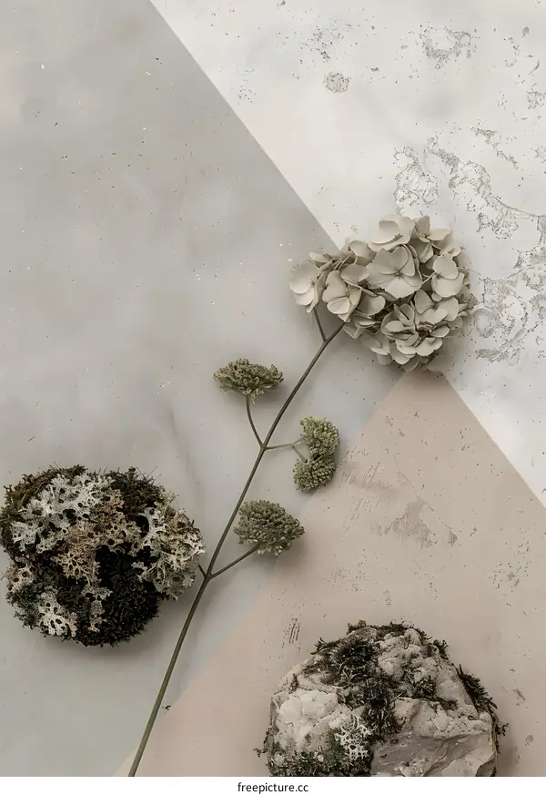 Dried Flower Branch and Stone on Grey Background