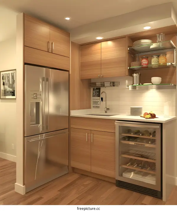Modern Kitchen Design with Stainless Steel Appliances and Wood Cabinets