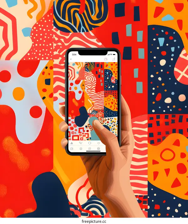 Hand Holding a Smartphone with Abstract Patterns on the Screen