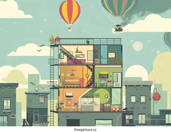 Modern Illustration of a City Building With Cut Away Interior Rooms