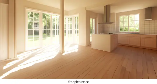 Modern Kitchen Design with Large Windows and Light Wood Flooring