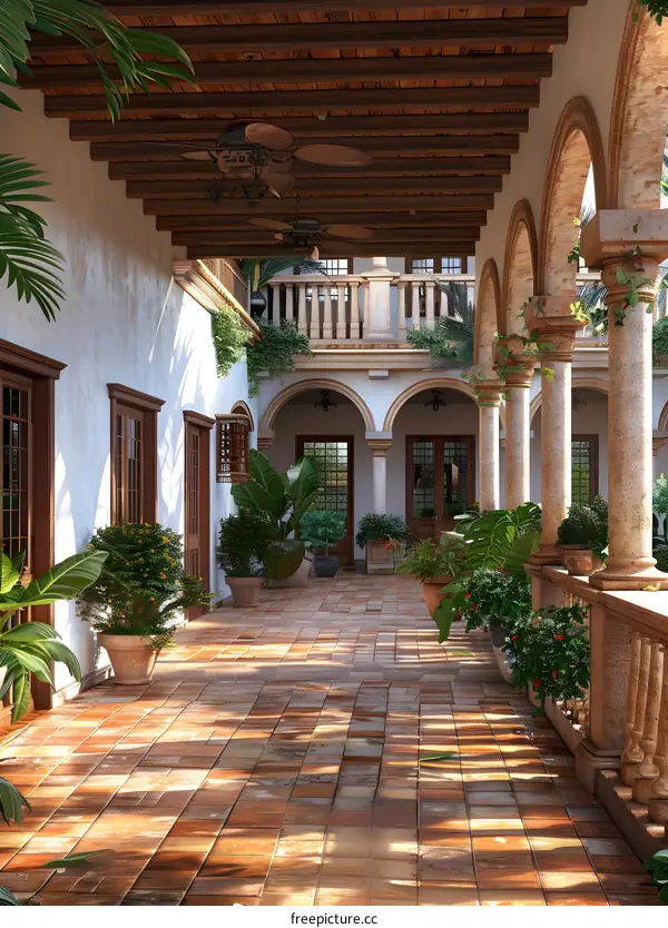 Mediterranean Courtyard with Arches and Tile Floor